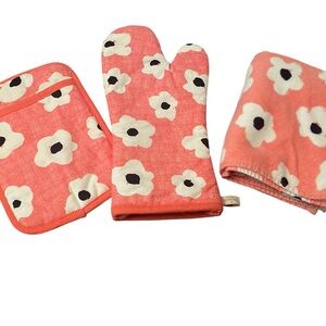KATE SPADE NEW YORK Faye Floral Coral 3-Piece Kitchen Towel Oven Mitt Pot Holder
